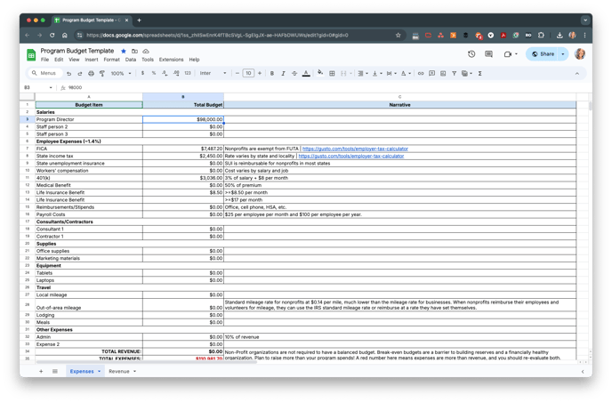 screenshot of project budget template